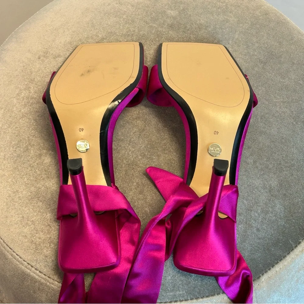 Zara fuchsia hot pink satin ankle-tie heeled sandals square toe Sz 40 open toe - Picture 7 of 9